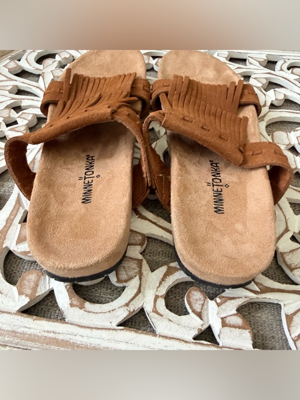 Minnetonka Brown Suede Leather Fringe Sandals Shoes Women’s 8 NEW - Picture 3 of 8